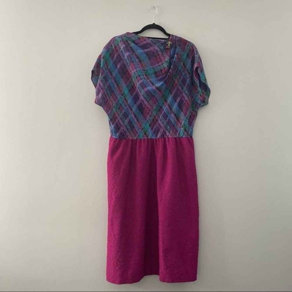 Vintage Two-Tone Midi Dress in Fuchsia and Multi-Color Plaid